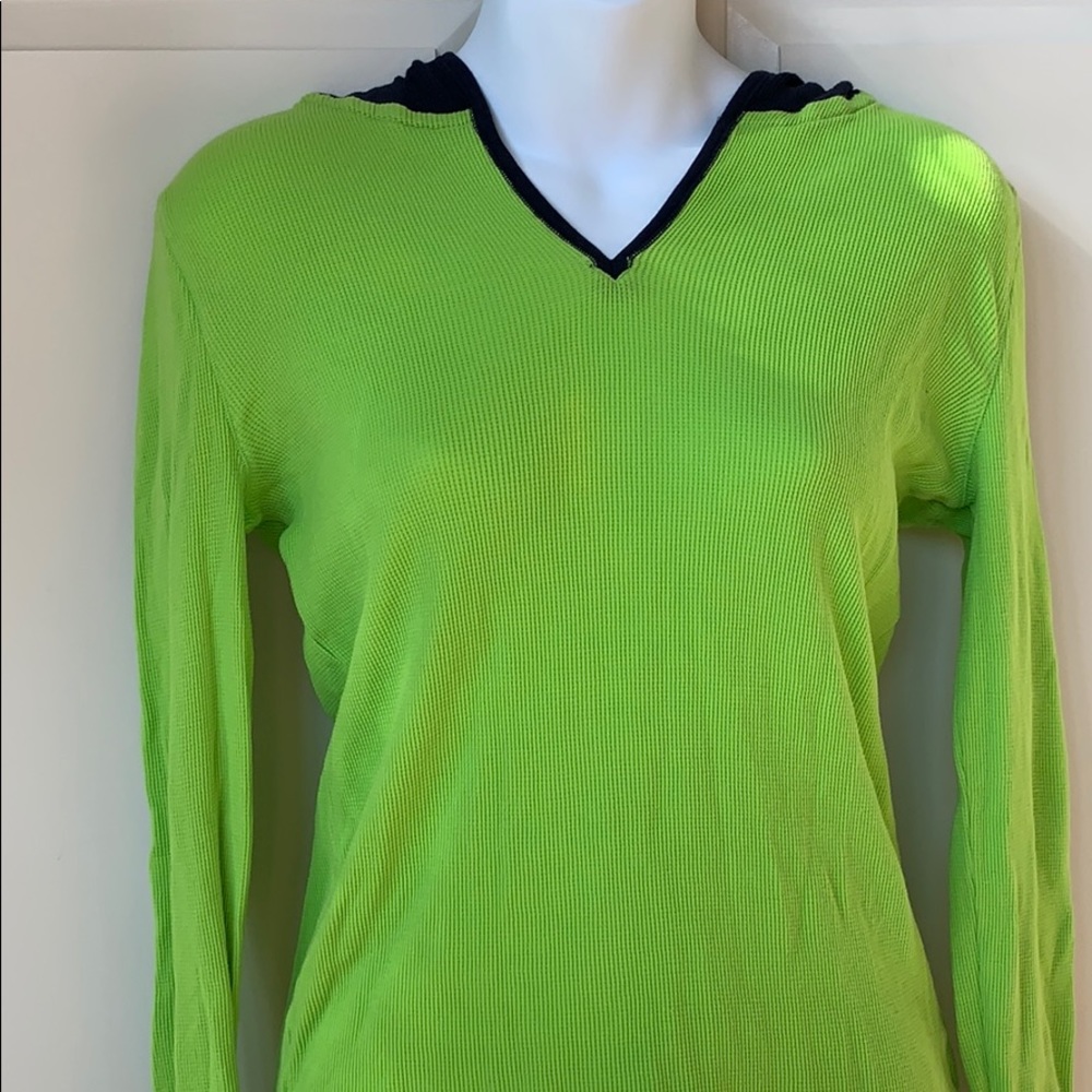 Navy and Green Hooded long sleeve shirt